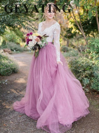 White Lace Long Sleeves Pink Tulle Country