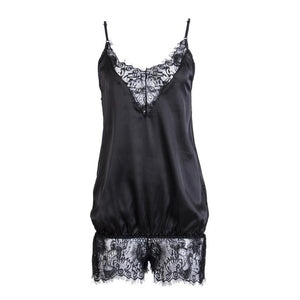 Women Spaghetti Strap Bodysuit Patchwork Satin Lace