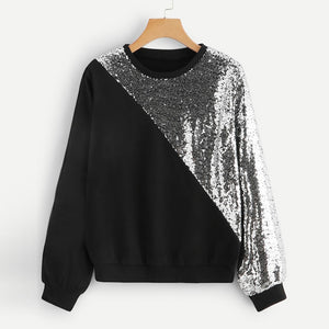 Women's Blings Sequined Color Block O-neck