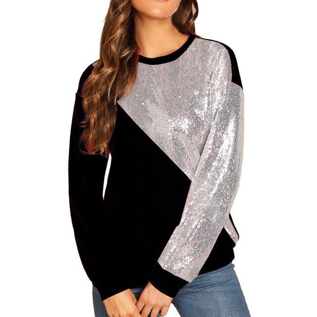 Women's Blings Sequined Color Block O-neck