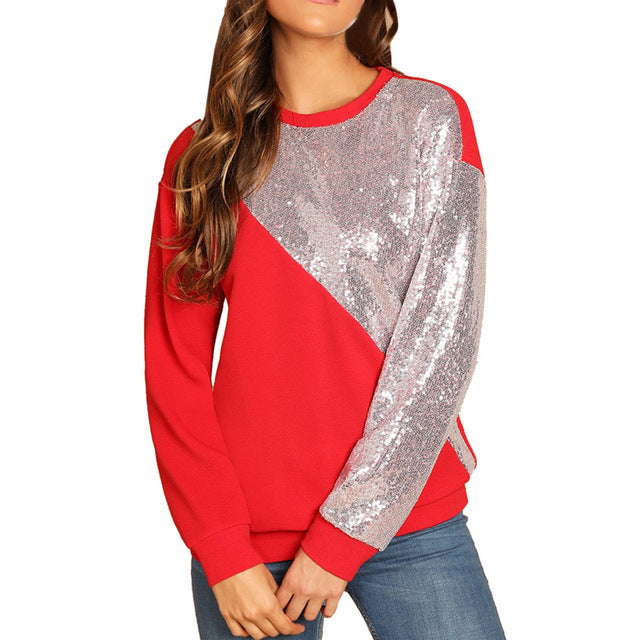 Women's Blings Sequined Color Block O-neck