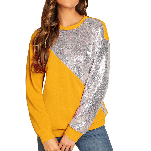 Women's Blings Sequined Color Block O-neck