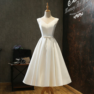 Short V Neck Satin Wedding Dresses with Bow Tea